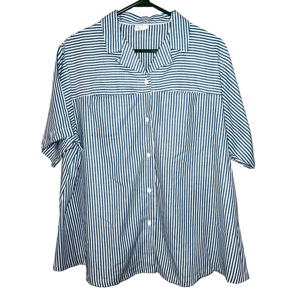 Land & Sea Tops - Land & Sea Striped Blue & White Button-Up Short Sleeve Collared Shirt size 16